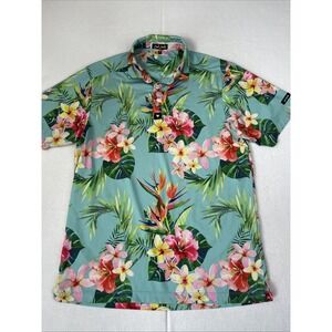 Bad Birdie Polo Shirt Men Medium Blue Floral Performance Stretch Golf Activewear